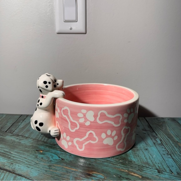 Ceramic Pink Pet Feeding Water Bowl Dalmatian - Picture 9 of 11